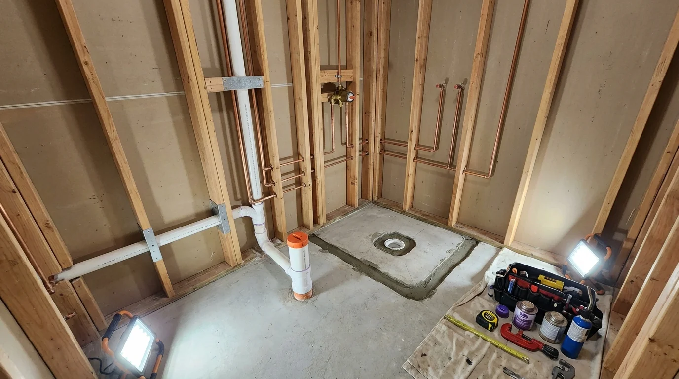 Bathroom rough-in plumbing during remodel by Johns Plumbing LLC in Kyle