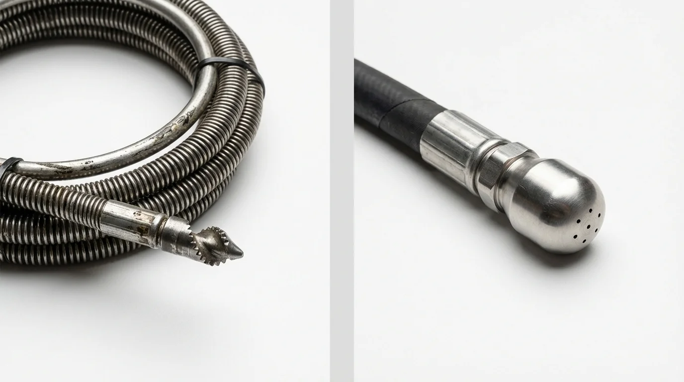 Drain snake cable and hydro jetting nozzle used for drain cleaning in Kyle, TX