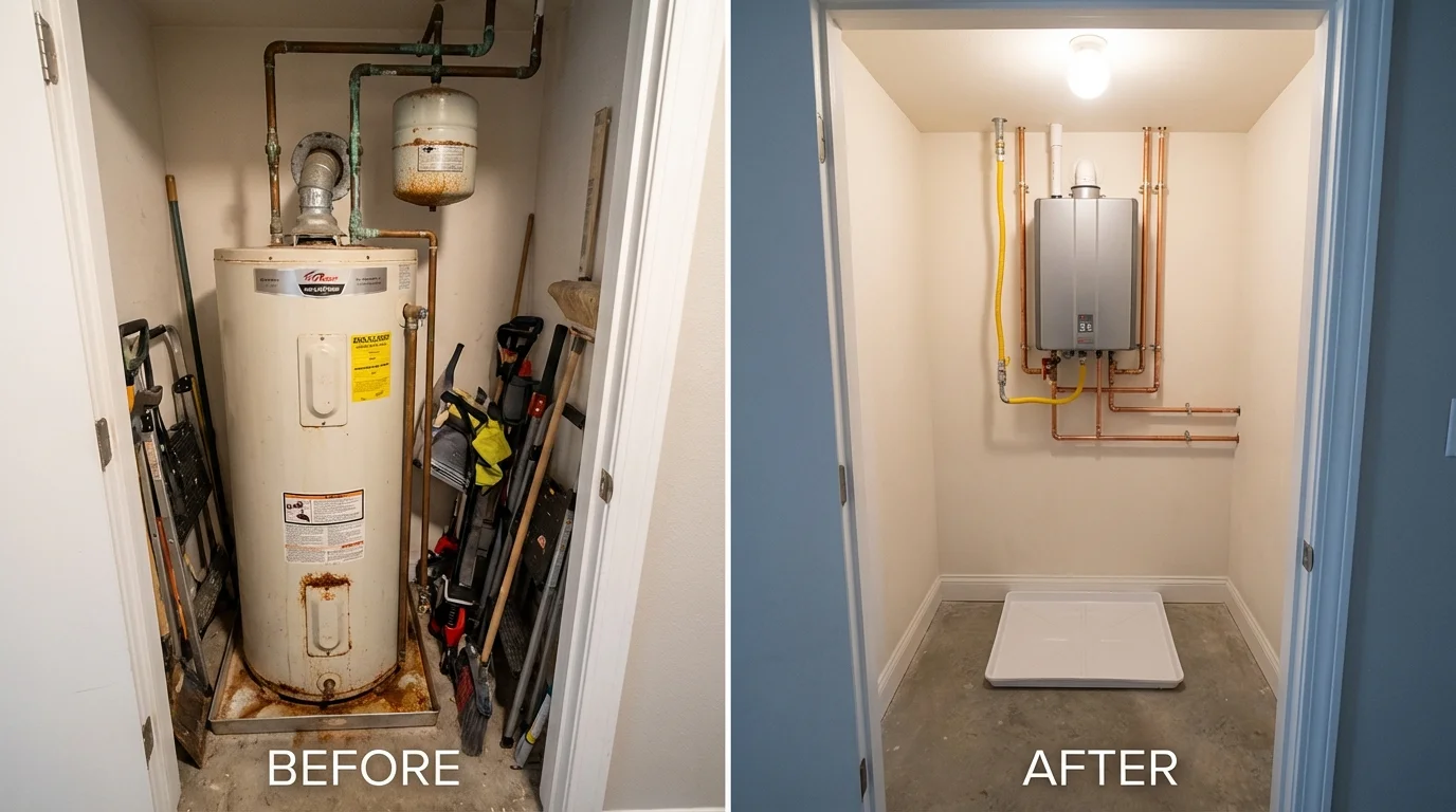 Tank water heater versus wall-mounted tankless unit comparison for Kyle, TX homeowners