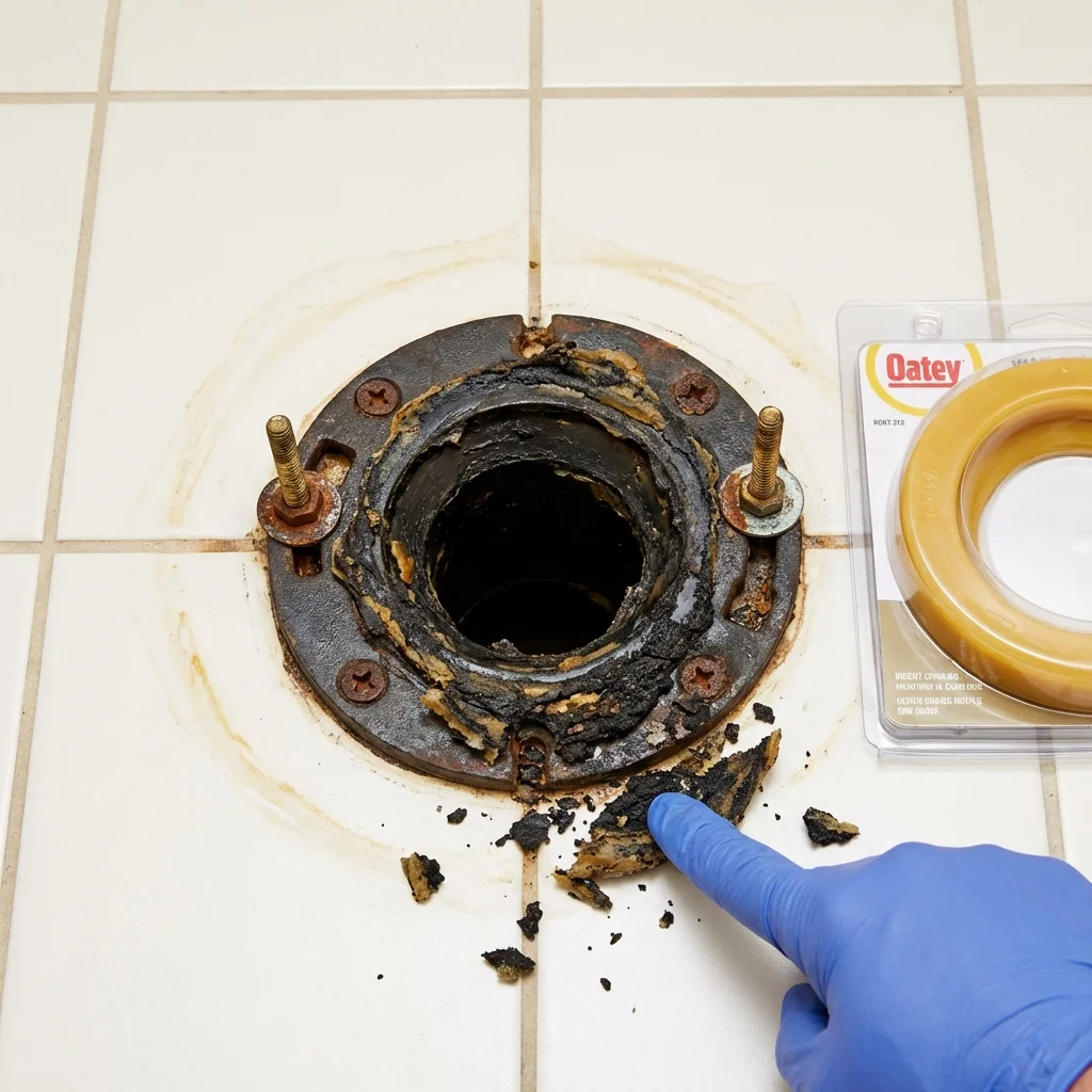 Failed wax ring showing water seepage at the base of a toilet in a Kyle, TX home